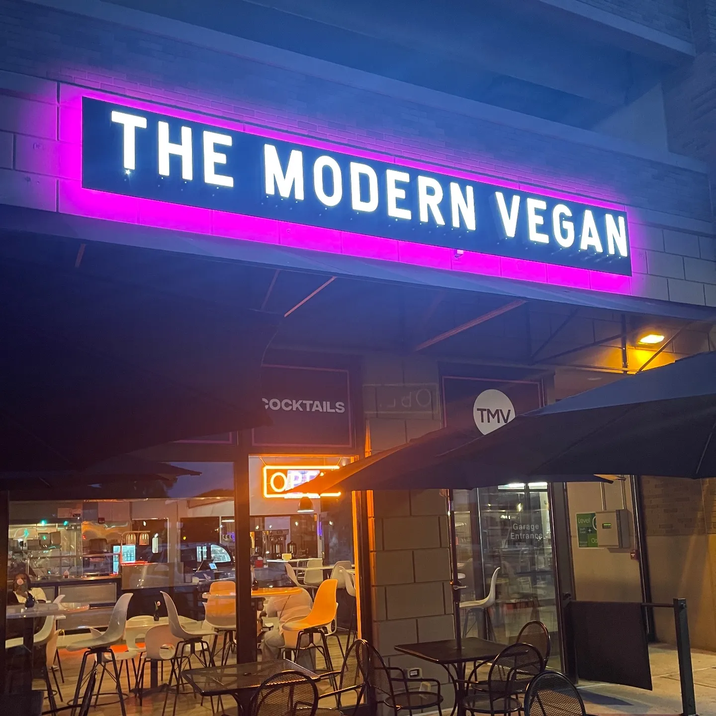 An exterior picture of the modern vegan restaurant